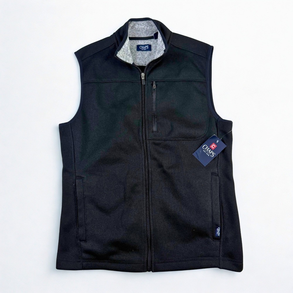 Chaps Full Zip Sweater Vest Mens Size M Black Fleece Lined Mock Neck Pocket